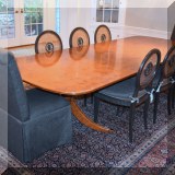 F01. Yew wood double pedestal dining table. 29”h x 70”w x 48”d (2 leaves 24” each) 